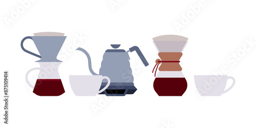 Drip coffee. Equipment and dishware for alternative specialty coffee. Pour-over coffee maker, glass server, ceramic cups, dripper, drip kettle, scales. Isolated Group of objects. Stylised flat vector