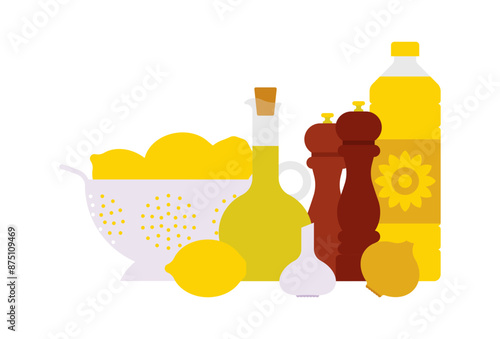 Still life at kitchen- olive oil, lemons in colander, sunflower oil, vegetables, spices. Cooking, preparing food, tasty meal, culinary workshop. Minimalist vector illustration. Clean and simple style
