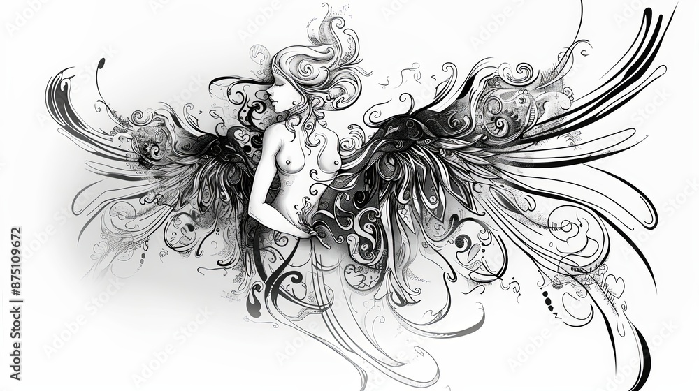 black and white illustration of angel with fully tribal style illustration black and white illustration of angel with fully tribal style illustration