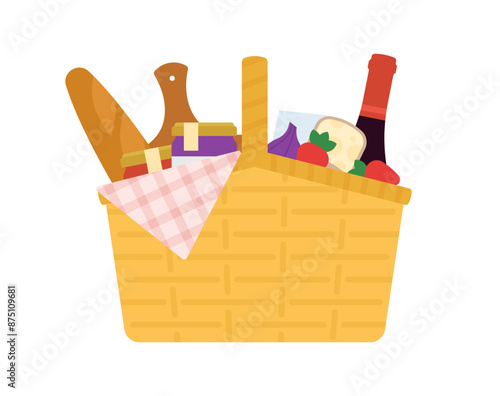 Picnic basket. Summer food outdoors - bottle of wine, bread, jam, fruit and blanket. A straw hamper food for summer lunch. Simple modern flat vector illustration. A Simplicity form, minimal style