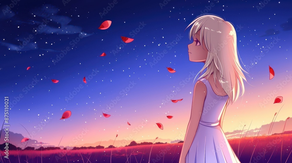Enchanting animestyle illustration of a blonde girl under a starry night sky, surrounded by fluttering petals. Enchanting animestyle illustration of a blonde girl under a starry night sky, surrounded by fluttering petals.