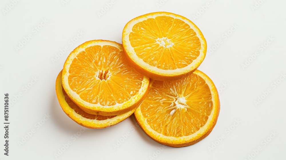 Fototapeta premium Close-up of fresh organic orange slices isolated on a white background. Vibrant and juicy.