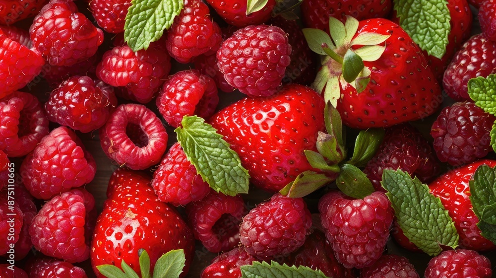Close-up of fresh strawberries, mulberries, raspberries, and mint leaves. Perfect for healthy eating concepts Close-up of fresh strawberries, mulberries, raspberries, and mint leaves. Perfect for healthy eating concepts