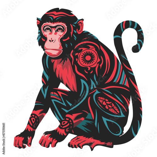A red and black monkey with a tribal tattoo sits on its haunches