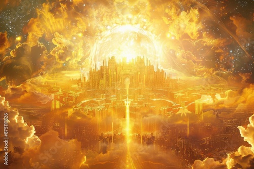 celestial vision of new jerusalem ethereal golden city descending from heavens angelic light prophetic imagery divine architecture