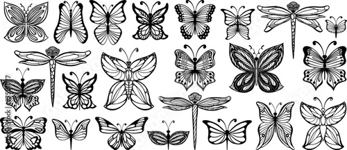 Black Butterfly Hand Drawn Insect Vector Logo Set for Laser Cutting or Tattoo Design