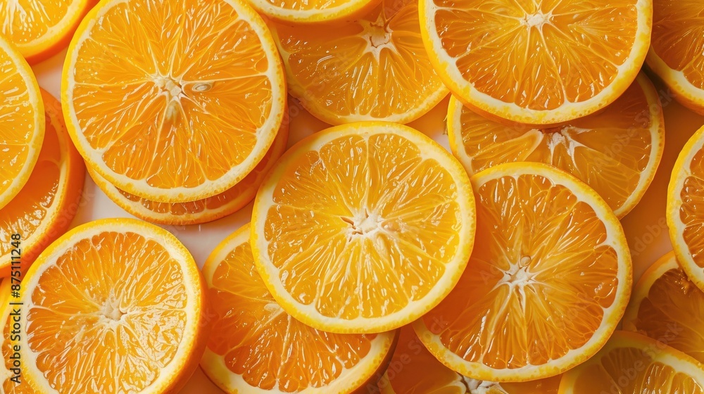 Close-up view of vibrant orange slices isolated on white background. Juicy and nutritious. Close-up view of vibrant orange slices isolated on white background. Juicy and nutritious.