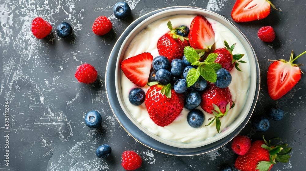 Creamy fruit yogurt in a bowl, topped with fresh strawberries and blueberries. Creamy fruit yogurt in a bowl, topped with fresh strawberries and blueberries.