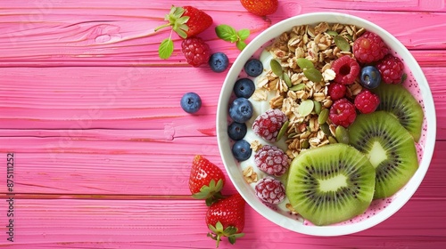 Colorful smoothie bowl topped with granola, kiwi, and fresh berries on a vibrant pink wooden table.