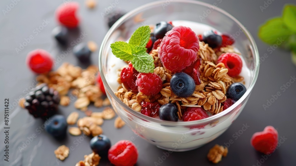 Delicious granola with assorted berries and yogurt in a bowl on a grey tabletop. Delicious granola with assorted berries and yogurt in a bowl on a grey tabletop.