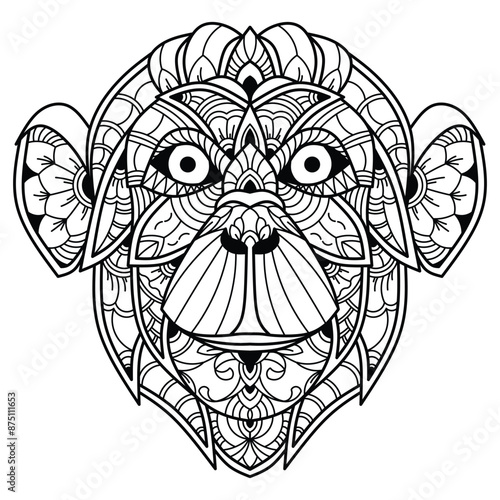 Hand drawn of monkey head in zentangle style