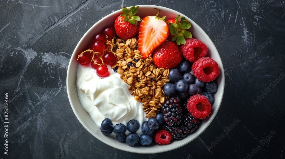 Healthy breakfast bowl featuring granola, Greek yogurt, and a variety of fresh fruits and berries. Top view. Healthy breakfast bowl featuring granola, Greek yogurt, and a variety of fresh fruits and berries. Top view.