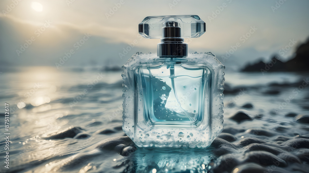 A clear, transparent perfume bottle with light blue liquid inside, set against a background of water droplets or waves. The overall vibe is fresh and invigorating. A clear, transparent perfume bottle with light blue liquid inside, set against a background of water droplets or waves. The overall vibe is fresh and invigorating.