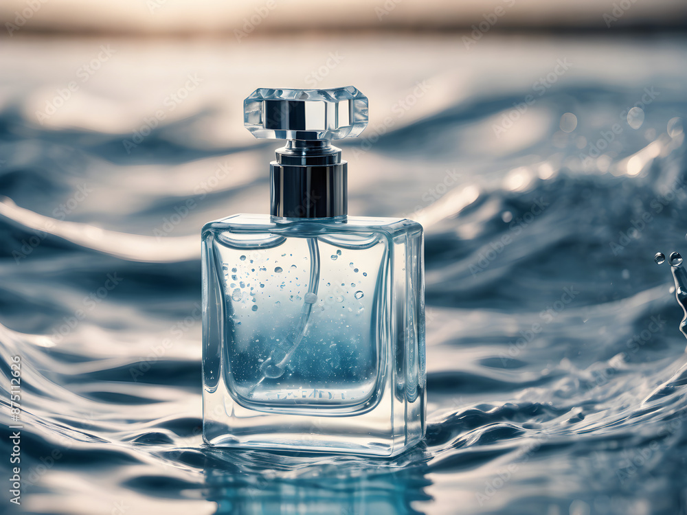 A clear, transparent perfume bottle with light blue liquid inside, set against a background of water droplets or waves. The overall vibe is fresh and invigorating. A clear, transparent perfume bottle with light blue liquid inside, set against a background of water droplets or waves. The overall vibe is fresh and invigorating.