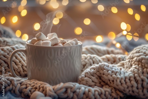 cozy winter scene featuring a steaming mug of rich hot cocoa fluffy marshmallows float temptingly on the surface soft focus fairy lights in the background create a warm inviting atmosphere