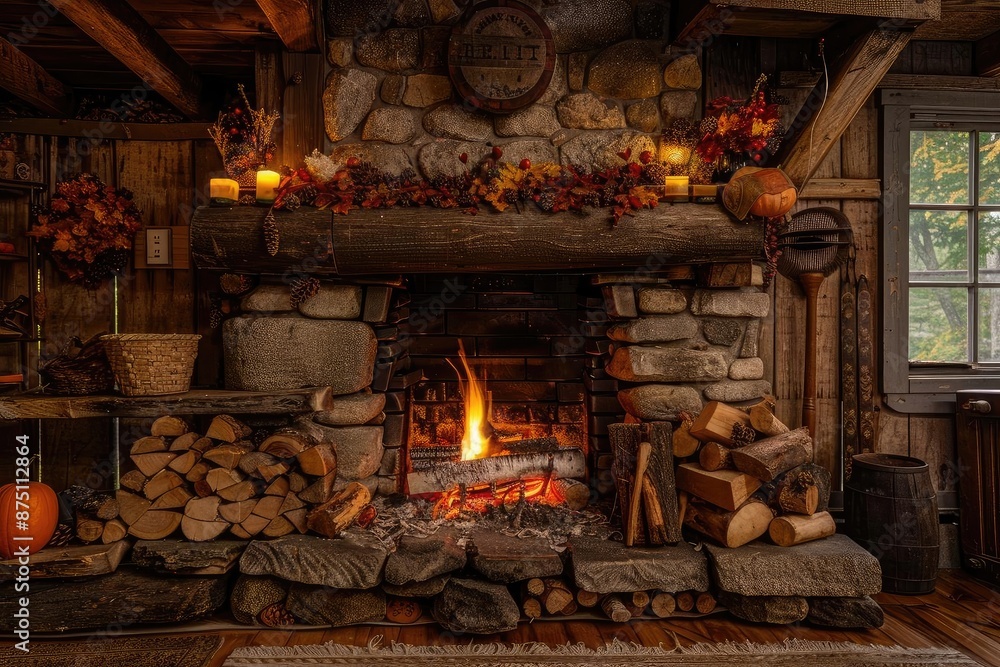 Cozy rustic cabin interior with a stone fireplace, wooden logs, and autumn decorations, creating a warm, inviting atmosphere.