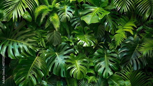 Lush foliage backdrop of various tropical leaves and ferns photo