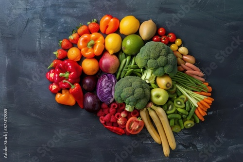 creative composition of human brain formed from colorful fruits and vegetables vibrant produce arranged to mimic neural pathways healthfocused concept linking nutrition and cognition photo