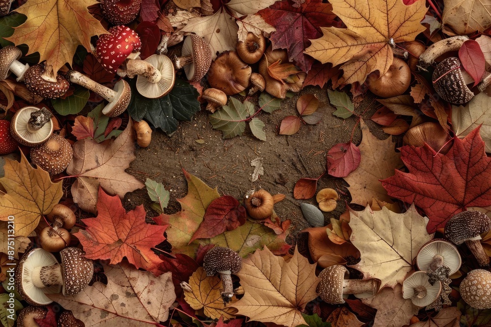 Autumn leaves and mushrooms frame an earthy background, creating a warm and natural seasonal composition perfect for fall-themed projects. Autumn leaves and mushrooms frame an earthy background, creating a warm and natural seasonal composition perfect for fall-themed projects.