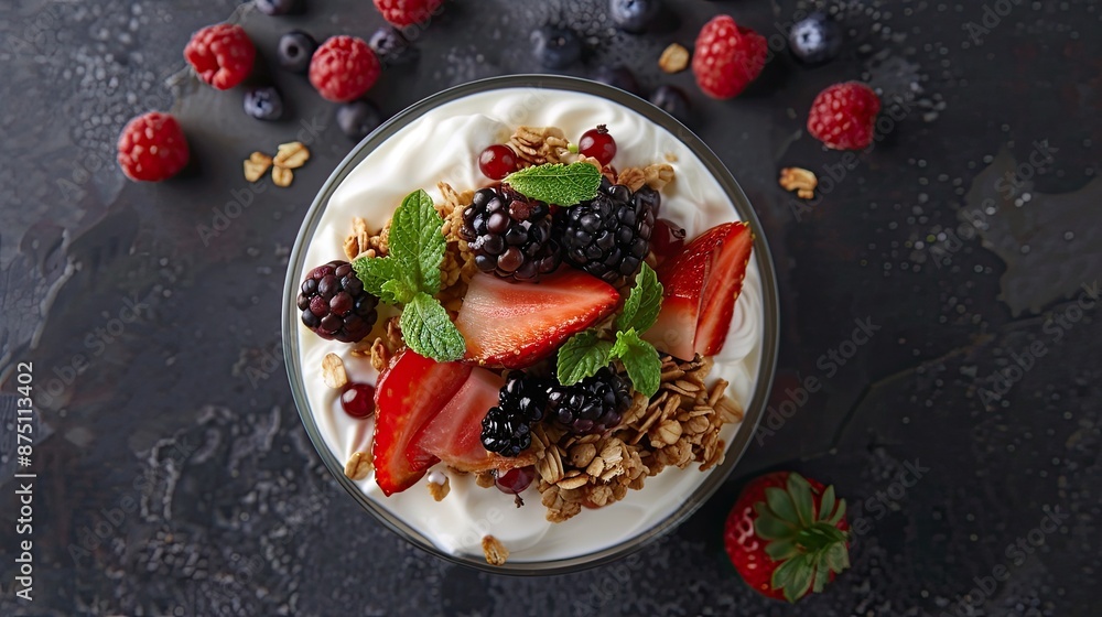 Top view of a delicious and nutritious breakfast bowl with granola, Greek yogurt, and fresh berries and fruits. Top view of a delicious and nutritious breakfast bowl with granola, Greek yogurt, and fresh berries and fruits.