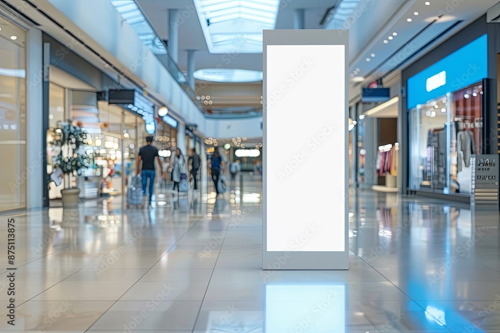 Fototapeta premium Mockup of a roll-up poster stand located in a shopping center or mall setting, designed as a wide banner with a blank, empty area for copy space