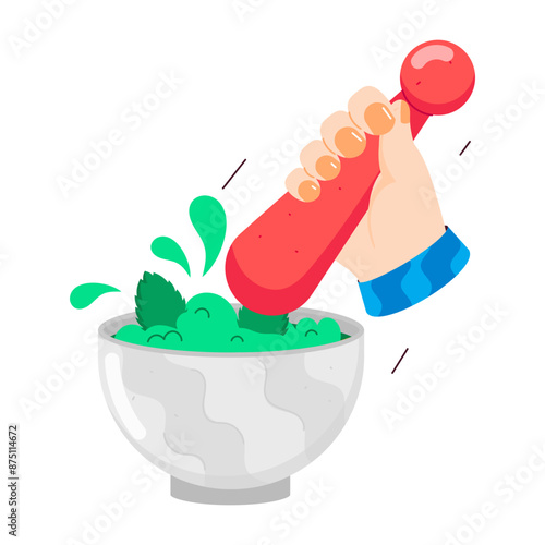 A flat sticker of grinding herbs in mortar pestle 

