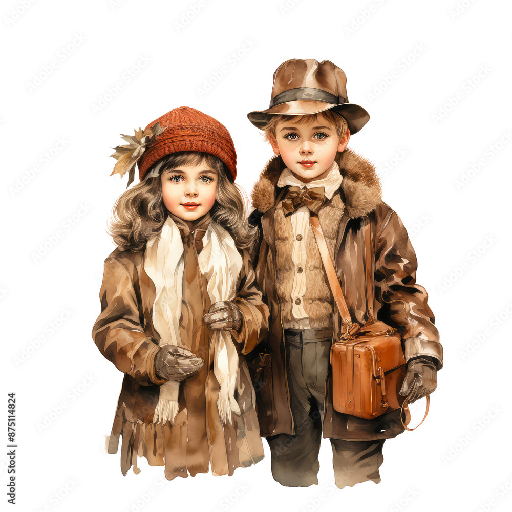 Fototapeta premium Retro autumn boy and girl wear fashion unifrom isolated on the transparent background