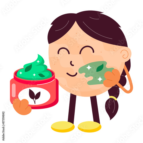 Cute girl applying herbal cream on face, flat sticker 

