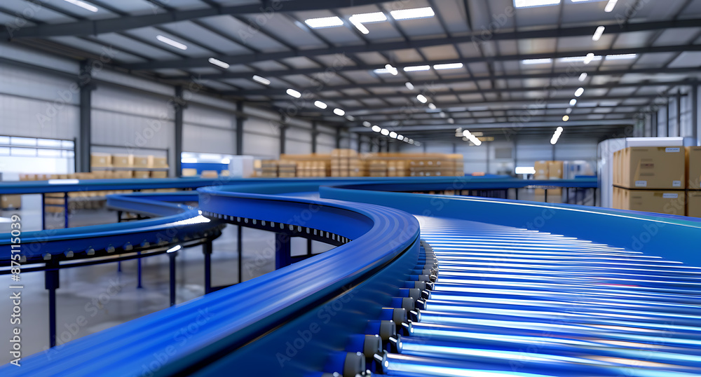 Fototapeta premium 3d visualization of ecommerce warehouse with blue conveyor belts and interactive digital displays showcasing the logistics chain for smallscale business