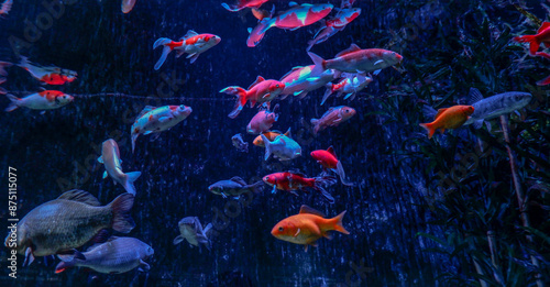 Pond with decorative orange underwater fish nishikigoi Aquarium Japanese koi carp at National Aquarium Denmark photo