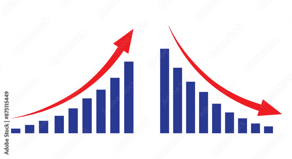 Graph going Up and Down with red arrows vector. Blue chart bar vector illustration concept of sales bar chart symbol icon with arrow moving down and sales bar chart with arrow moving up. Graph going Up and Down with red arrows vector. Blue chart bar vector illustration concept of sales bar chart symbol icon with arrow moving down and sales bar chart with arrow moving up.