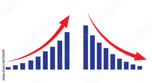 Graph going Up and Down with red arrows vector. Blue chart bar vector illustration concept of sales bar chart symbol icon with arrow moving down and sales bar chart with arrow moving up.