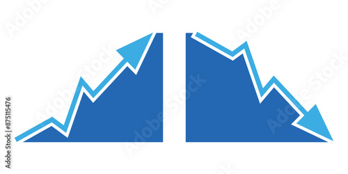 Graph going Up and Down sign with blue arrows vector. Flat design vector illustration concept of sales bar chart symbol icon with arrow moving down and sales bar chart with arrow moving up.