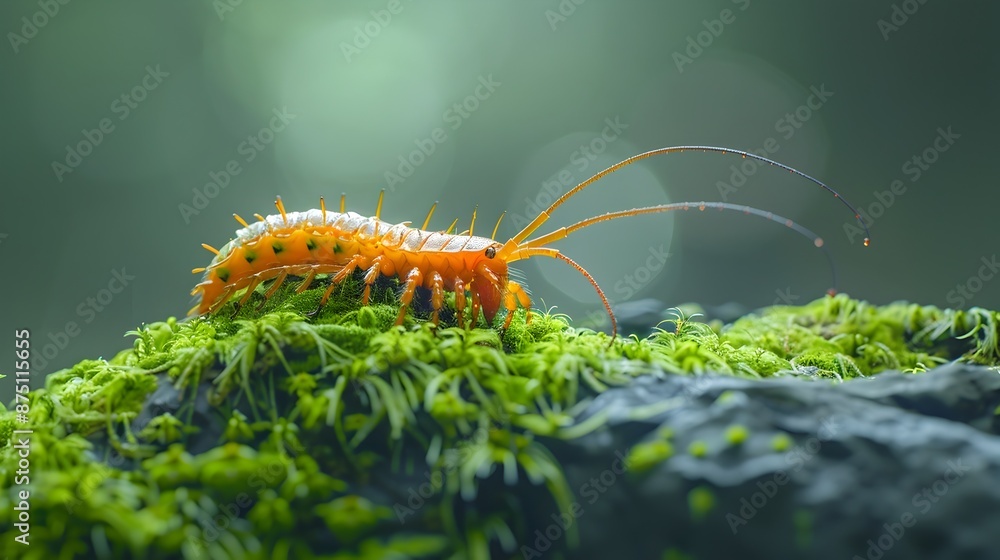Fototapeta premium Vibrant Centipede Crawling on Moss Covered Rock in Close Up Detail