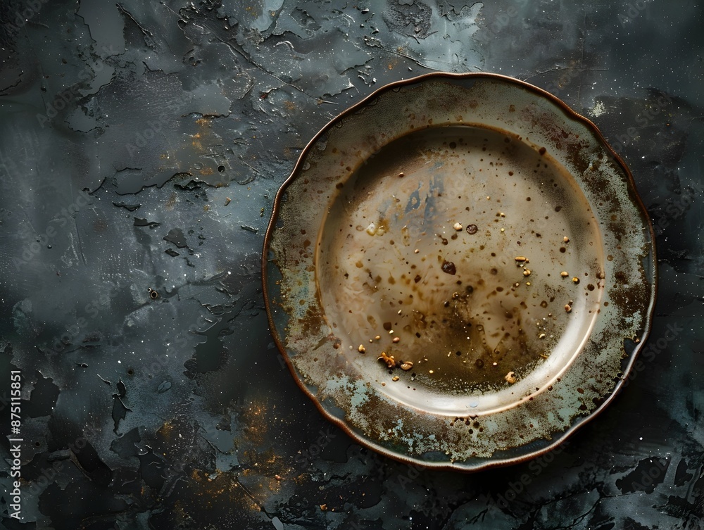 Close up of a Single Dirty Plate with Remnants Dramatic Lighting Highlighting Textures Dirty Dishes Concept Close up of a Single Dirty Plate with Remnants Dramatic Lighting Highlighting Textures Dirty Dishes Concept