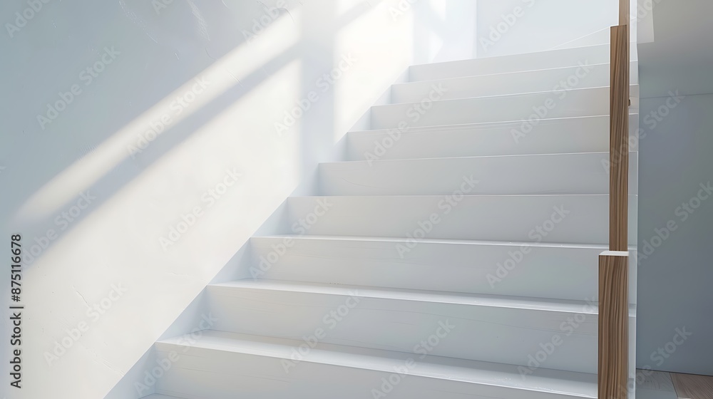 Sleek modern white stairs with a wooden handrail, minimalist design, elegant architectural detail, perfect for contemporary interiors. Sleek modern white stairs with a wooden handrail, minimalist design, elegant architectural detail, perfect for contemporary interiors.