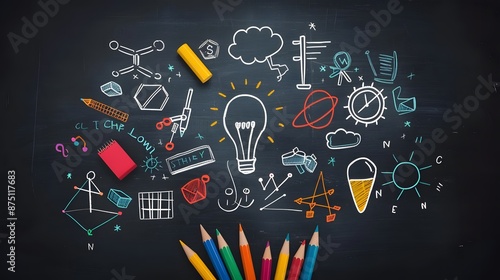 Creative education concept on chalkboard with colorful drawings and pencils, depicting ideas, science, and learning process. photo