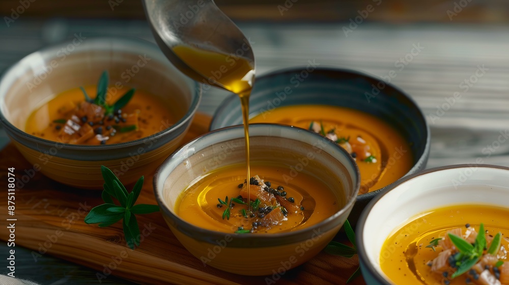 Close-up of pouring vibrant orange soup into rustic bowls garnished with herbs on a wooden board. Close-up of pouring vibrant orange soup into rustic bowls garnished with herbs on a wooden board.