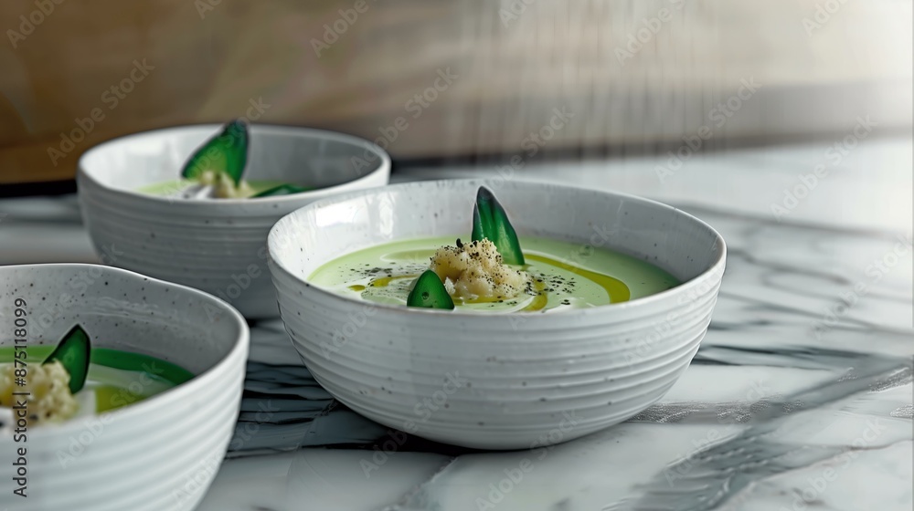 Elegant bowls of creamy green soup garnished with fresh herbs and cucumber on a marble countertop. Elegant bowls of creamy green soup garnished with fresh herbs and cucumber on a marble countertop.