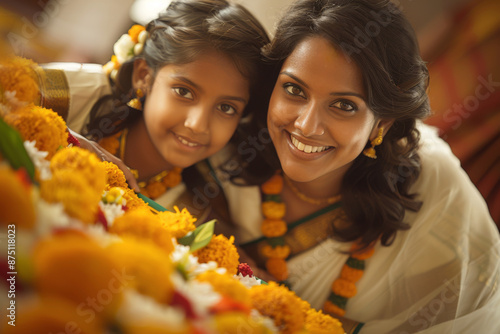 Smiling Indian mother and daughter making colourful arrangement with flowers while celebrating Onam festival photo