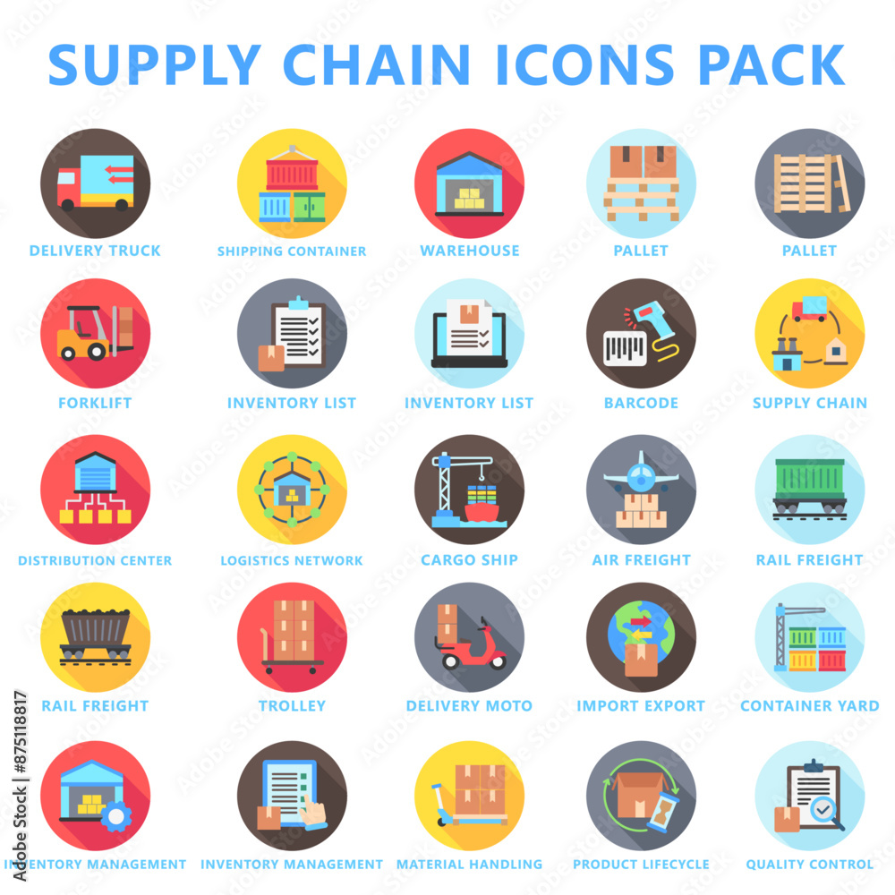 Supply chain rounded multi color icons pack, contain industry, delivery, shipping, logistics, warehouse and more. use for modern concept, UI or UX kit, web and app development Supply chain rounded multi color icons pack, contain industry, delivery, shipping, logistics, warehouse and more. use for modern concept, UI or UX kit, web and app development