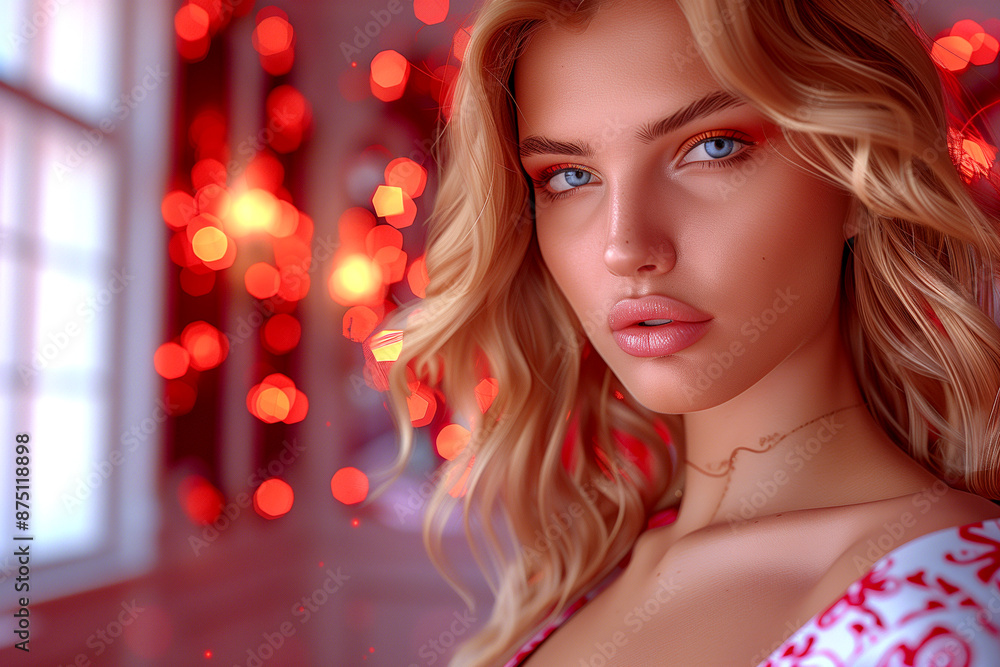 A woman with long blonde hair and blue eyes is wearing a red dress. She is standing in front of a window with red lights in the background A woman with long blonde hair and blue eyes is wearing a red dress. She is standing in front of a window with red lights in the background