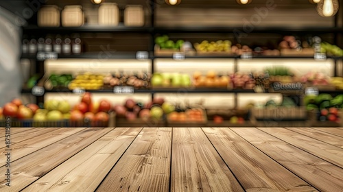 Tabletop perspective of a contemporary product display in a grocery or department store, featuring a wooden table and a blurred backdrop, perfect for showcasing and promoting items flawlessly © Taras