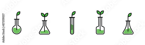 bio technology icon set, laboratory glass design of various shapes with plants, editable vector eps 10.