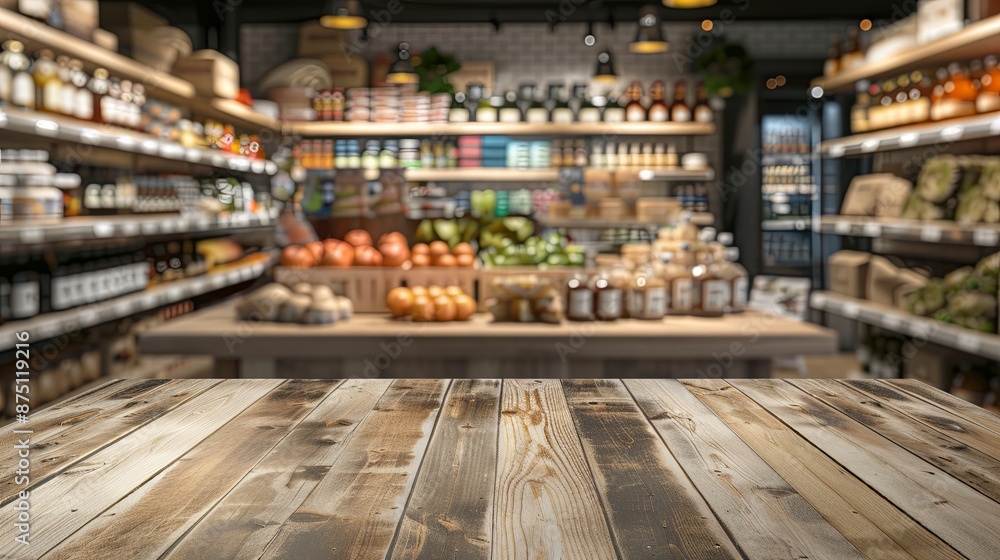 Tabletop perspective of a contemporary product display in a grocery or department store, featuring a wooden table and a blurred backdrop, perfect for showcasing and promoting items flawlessly Tabletop perspective of a contemporary product display in a grocery or department store, featuring a wooden table and a blurred backdrop, perfect for showcasing and promoting items flawlessly