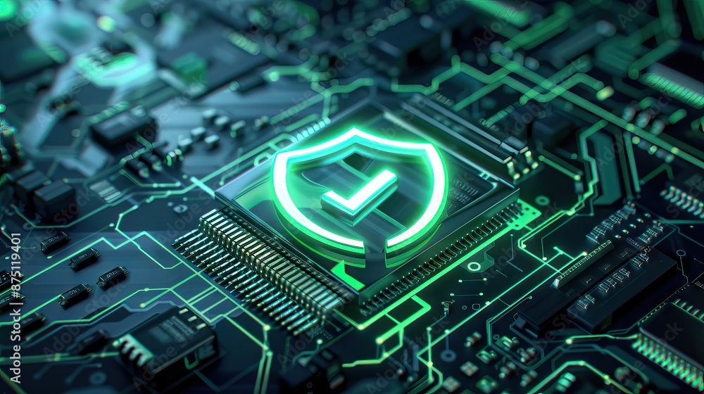 Digital security shield icon on a circuit board background. Printed circuit board. Technology background. 3D illustration. PCB, Code, HTML. AI generated illustration Digital security shield icon on a circuit board background. Printed circuit board. Technology background. 3D illustration. PCB, Code, HTML. AI generated illustration