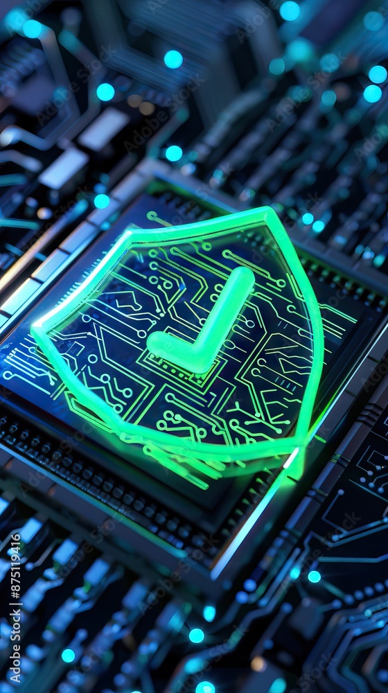 Digital security shield icon on a circuit board background. Printed ...