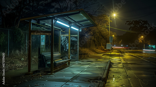 Bus stop in a bad area of the metropolis, gloomy atmosphere, dim lighting from a lamppost, night, twilight bench, side view