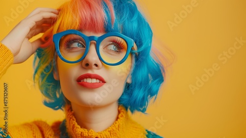 Wallpaper Mural A woman with blue and yellow hair and blue glasses is smiling. She is wearing a yellow sweater and has red lipstick Torontodigital.ca