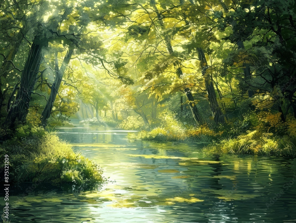 A Serene River Flowing ThroughDense Forest - Peaceful Nature Landscape Scene A Serene River Flowing ThroughDense Forest - Peaceful Nature Landscape Scene